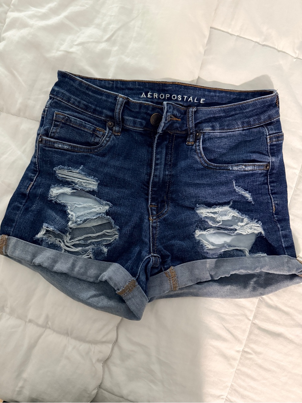 Aeropostale Women's Distressed Dark Blue Denim Shortalls